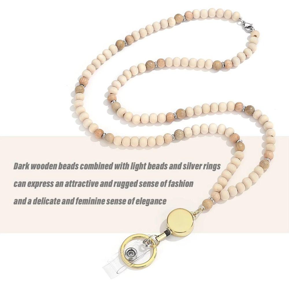 Stainless Steel Clasp Wood Beaded Lanyard Natural Wood Bead Bead Teacher Lanyard  Ship Cards