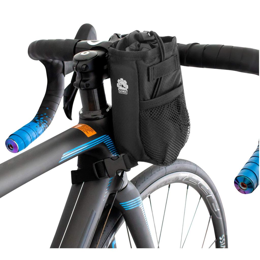 GORIX Bicycle Handlebar Stem and Front Handlebar Accessory Pouch Bag, Bag, (Shiborix) (B16) (Black (Squeezable Type))