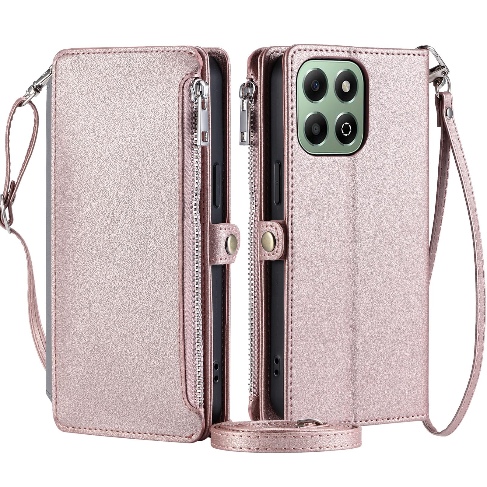 

015 Style For Honor X6b 4G Case TPU+PU Leather Wallet Phone Cover with Straps Rose Gold