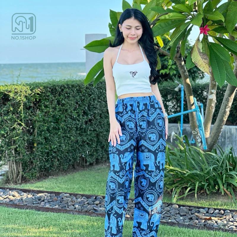 Elephant Pants Women Men Unisex Premium Japanese Silk Print Thailand Casual Streetwear Beach Bohemian Retro Vintage Adjustable Rope Loose Legs