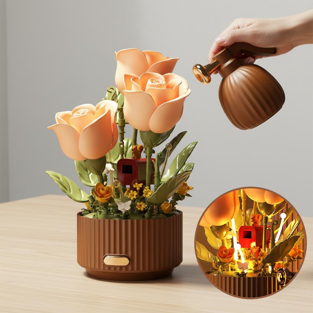 Dynamic Building Block Flower Remote Control Automatic Bloom Flower Bouquet with Lights&Sound Watering Can Flower Building Block