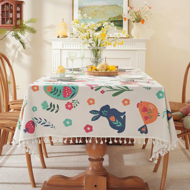 Easter Print Fringed Rabbit Flower Rectangular Tablecloth Coffee Table Cloth