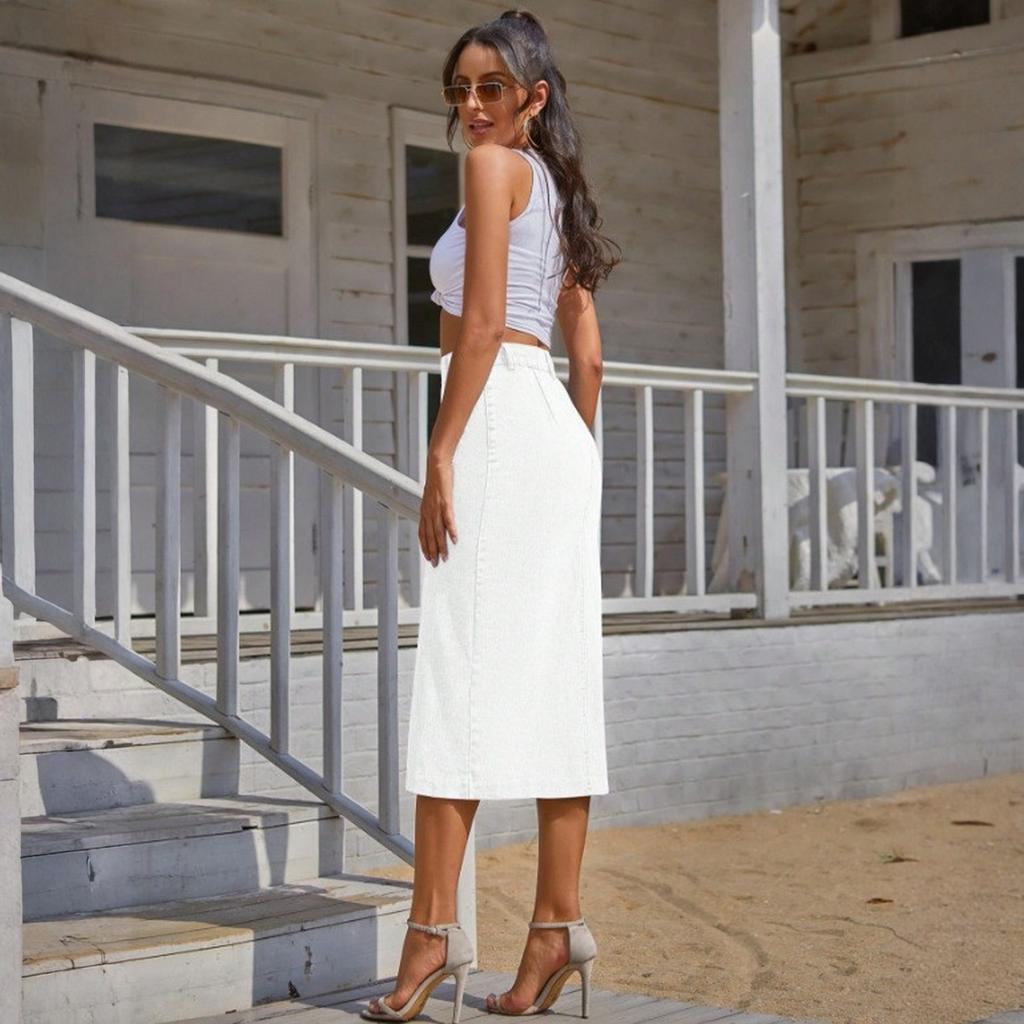 Ladies' Comfortable Casual Fashionable Sexy Slit High Waisted Mid Length Skirt Denim Midi Skirt