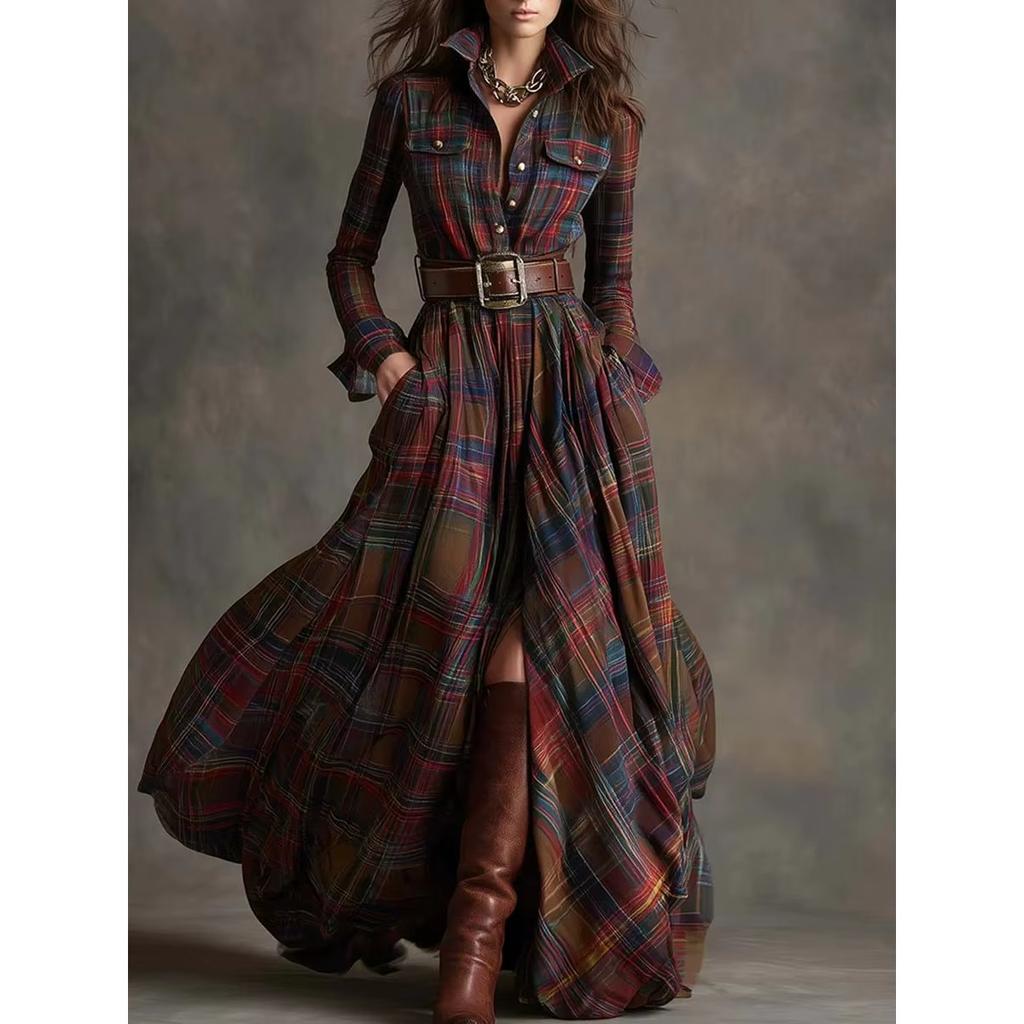 LYRIA French Women's Plaid Dress Shirt Button Cardigan Lapel Fashion Belt Pocket Irregular Design A-line Long Skirt for Female