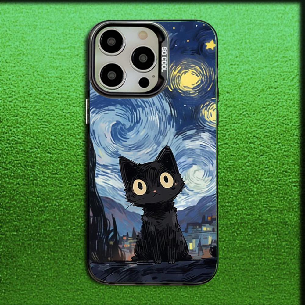 Sternenhimmel Van Gogh Schwarze Katze Handyhülle Für iPhone 16,15,14,13,12,11,Mini,Pro,MAX Grau Matt Silikon Schwarze Abdeckung