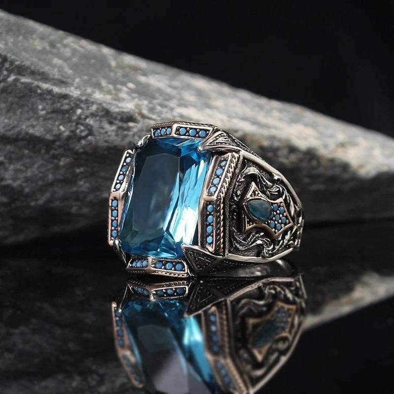 Huajie 6/13 Size Temperament Men's Retro Turkish Signet Rings Colored Cut Square Zircon Delicate Ring Vintage Trendy