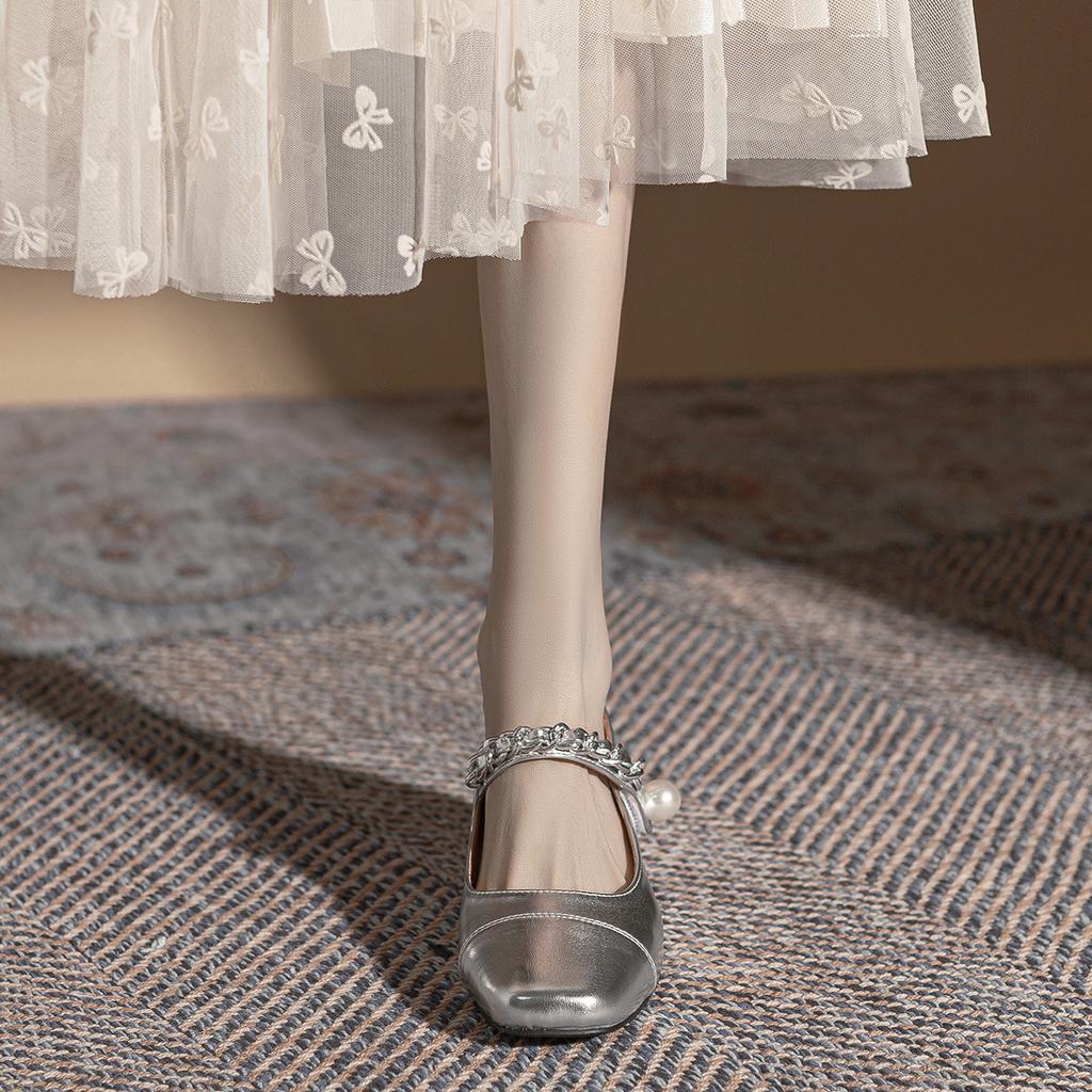 Silver Thick Heel French Round Head Mary Jane Autumn Shoes Children's Versatile Light Mouth Single Shoes Retro Small Leather Shoes