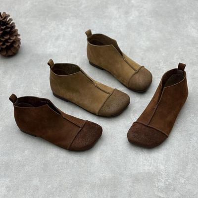 Botines planos de piel auténtica hechos a mano con suela blanda y punta cuadrada estilo retro para mujer