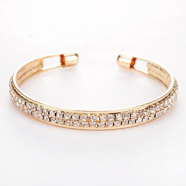 European American Fashion Rose Gold & Silver Plated 2-Row Diamond Open Bangle Bracelet for Women