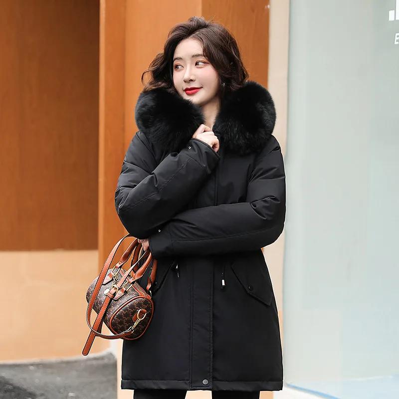 Women Parka Fashion Winter Jacket Slim with Fur Collar Warm Snow Wear Padded Clothes Long Coat Wool Liner Hooded Parkas