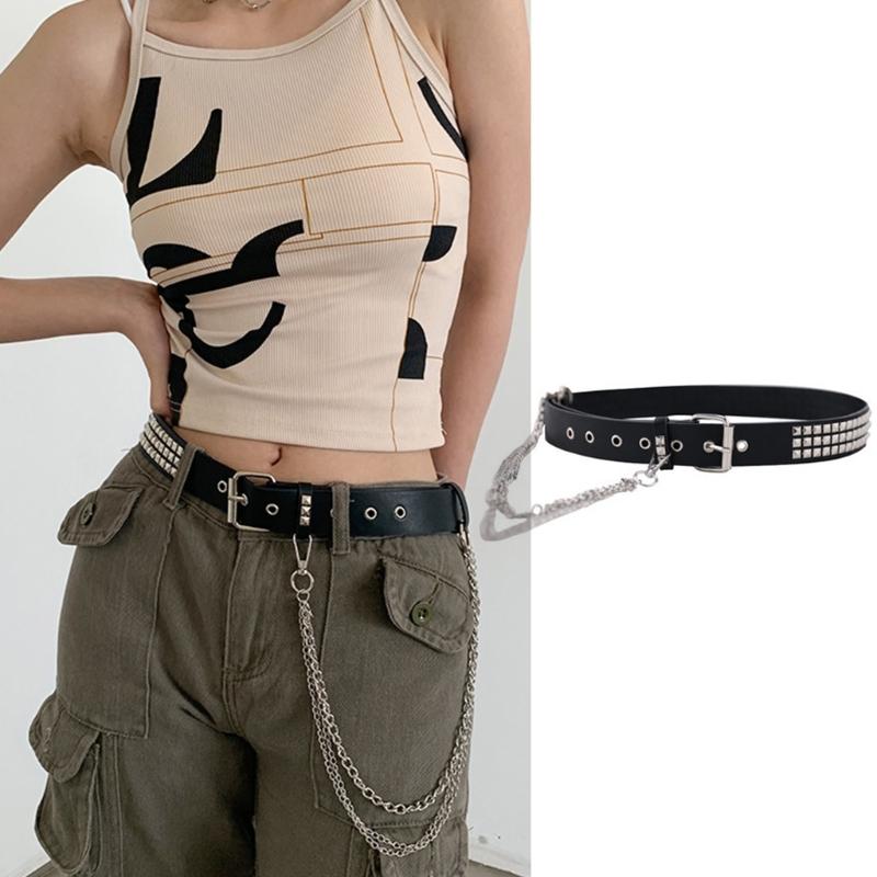 Pin Buckle Waist Belt for Dress Western Style Belt with Alloy Rivet & Dangle Chain Wide Waist Belt Ladies Skirt Belt
