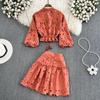 Retro Temperament V-neck Hollow Embroidered Lantern Sleeve Short Shirt Women's Two-piece Hit High Waist Slim A-line Skirt