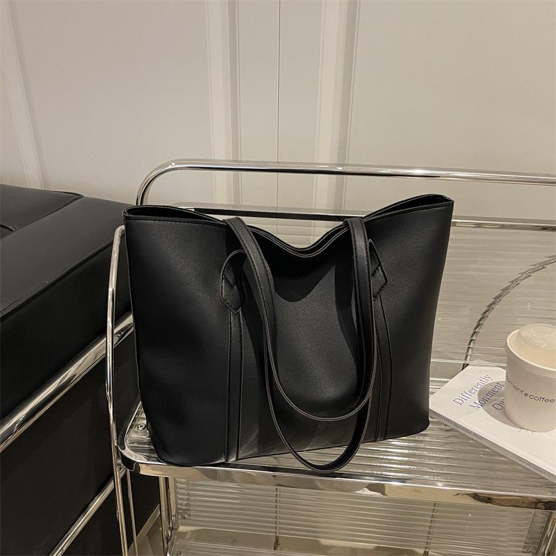 Korean Version Large Capacity Solid Color Faux Leather Tote Bag Fashion Vintage Commute Simple Shoulder Bag