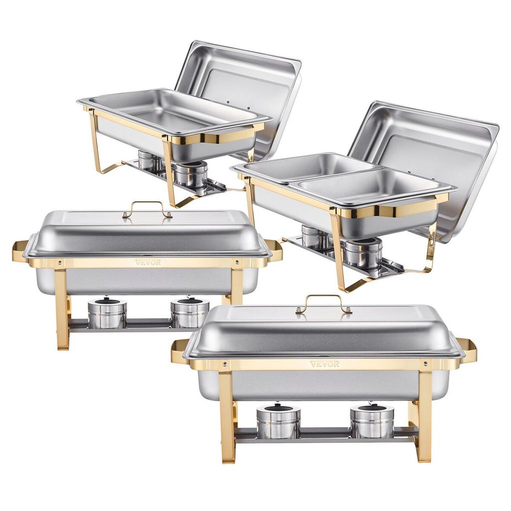8 Qt 4 Pack Rectangle Chafing Dish Buffet Set Full-Size & Half-Size Pans