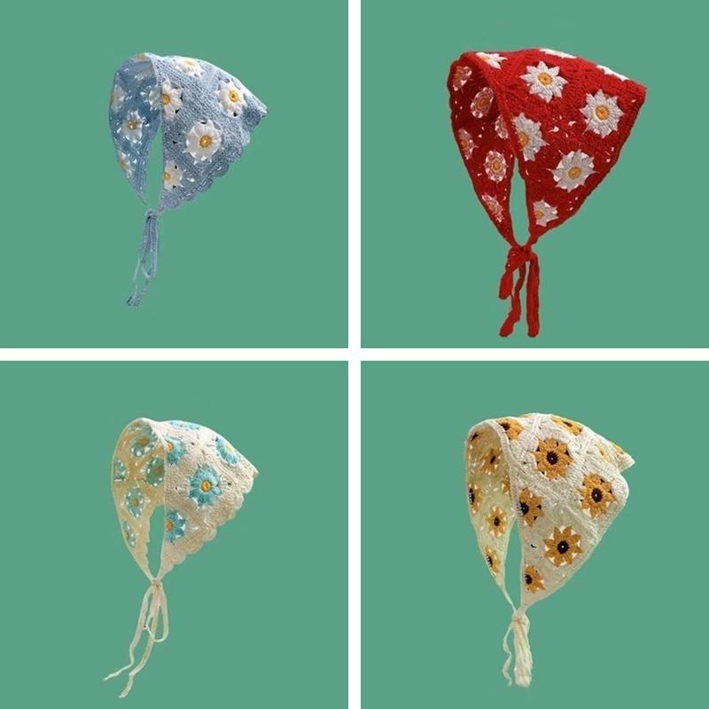 WTEMPO Knitted Turban Headbands Featuring A Trendy Bohemian Style Design with A Crochet Floral Triangle Tie Perfect for Travel and Beach Vacations