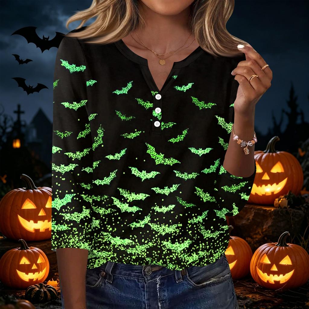 Women's Casual Halloween Print V Neck Button Three Quarter Sleeve T Shirt Top Lightweight Soft Fabric Comfortable Fit