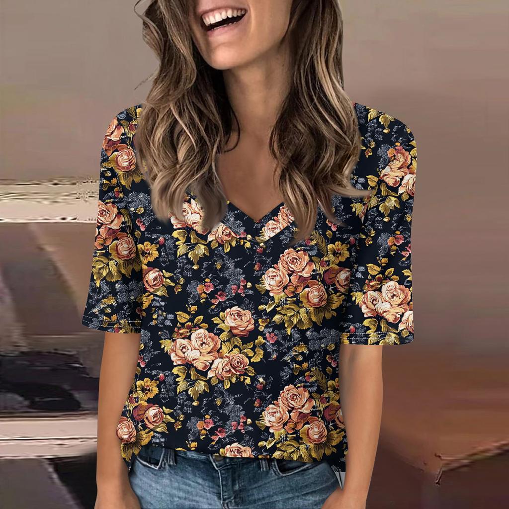 Women's Fashionable Casual Short-sleeved Five-quarter Sleeve Floral Print V-neck Top