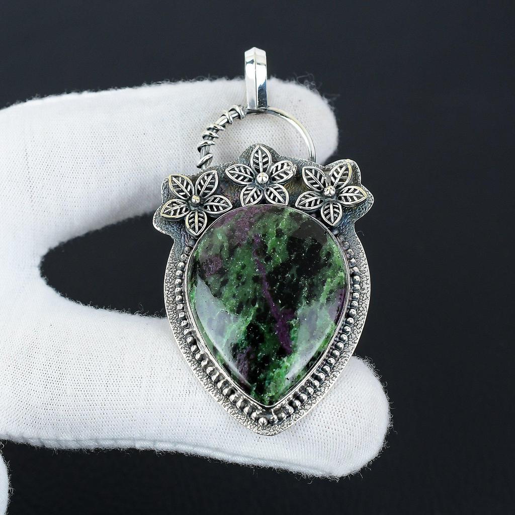 Beautiful Ruby Zoisite Gemstone Silver Pendant In 925 Sterling Silver- Handmade Flower Design, Everyday Wear Jewelry, Unique Pendant Easter Gift