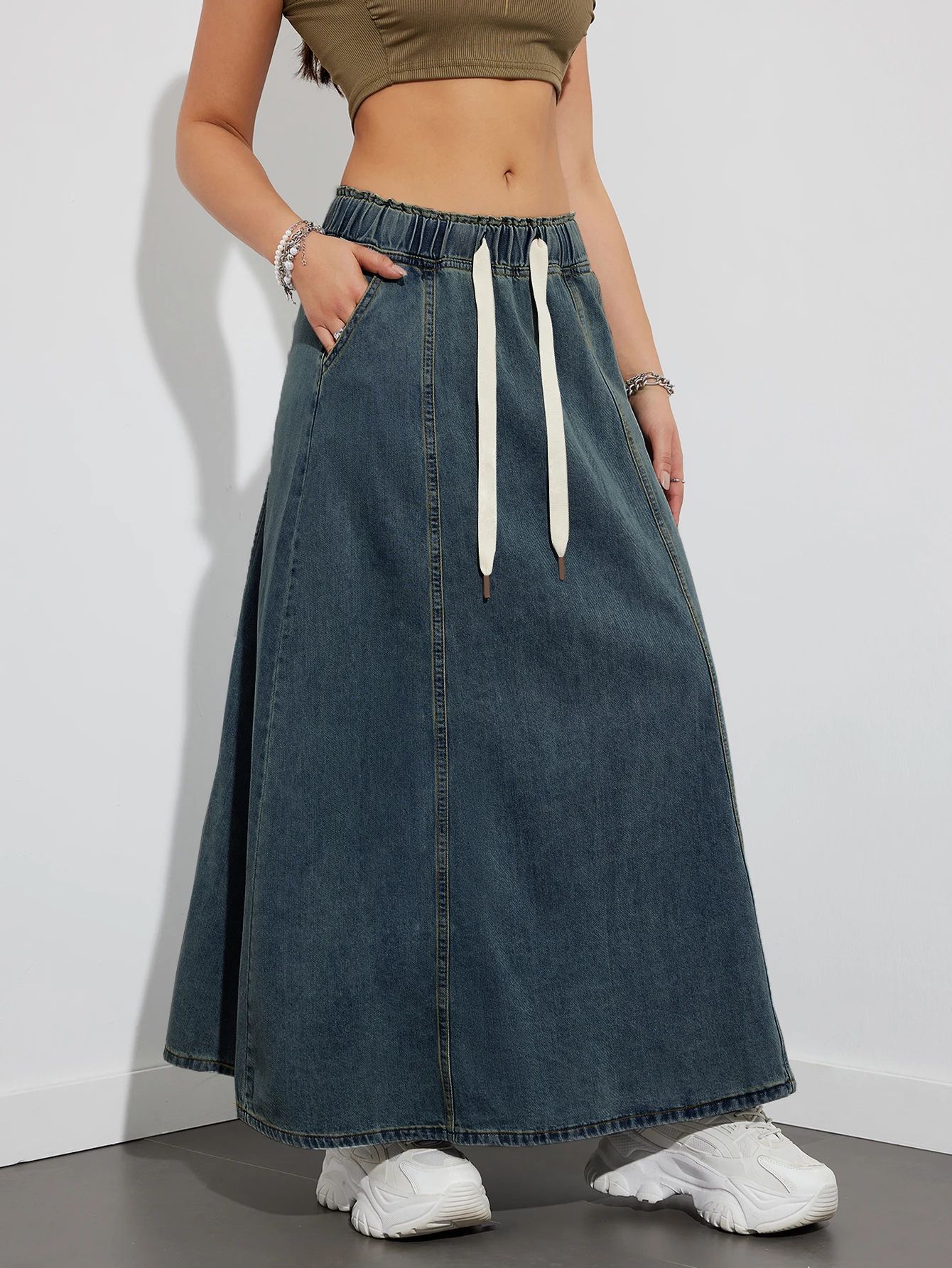 

Women s Casual Elastic High Waist Loose A-Line Long Flared Denim Skirt L