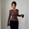 Asymmetric Hollow Out Metal Decoration Slim Fit Casual Long Sleeve T Shirt