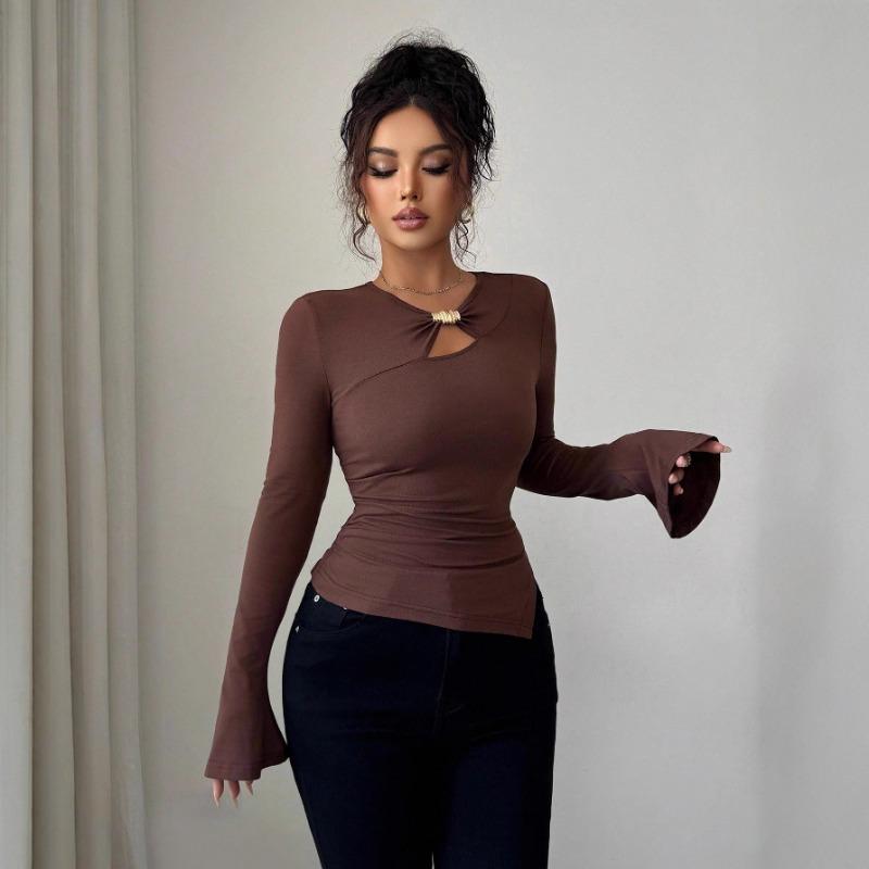 Asymmetric Hollow Out Metal Decoration Slim Fit Casual Long Sleeve T Shirt