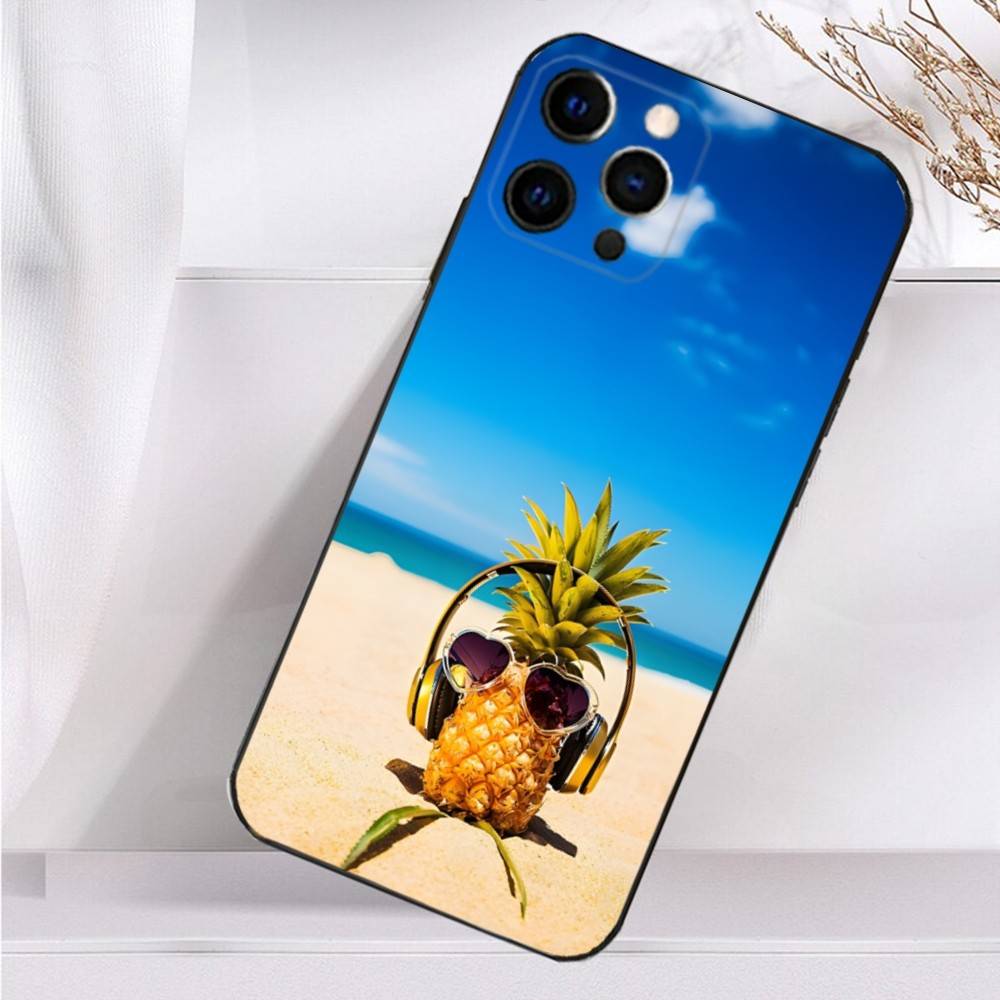 Cute Pineapple Fruit Art  Case For iPhone 16,15,17,14,13,12,11 Plus,Pro Max,XS,X,XR,SE,Mini,8,7 Soft Silicone Black Cover