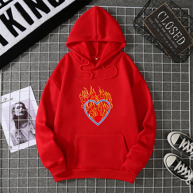 Love Fire Graphic Print Hoodie Pure Cotton High Quality Loose Shoulder Hooded Sweater Trend Fashion Sweatshirt