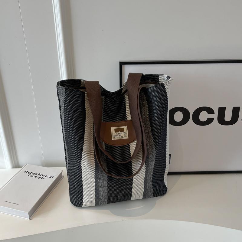 Striped Canvas Bag Women's New Summer Casual Lightweight Shoulder Bag Large Capacity Tote Bag Shopping Bag