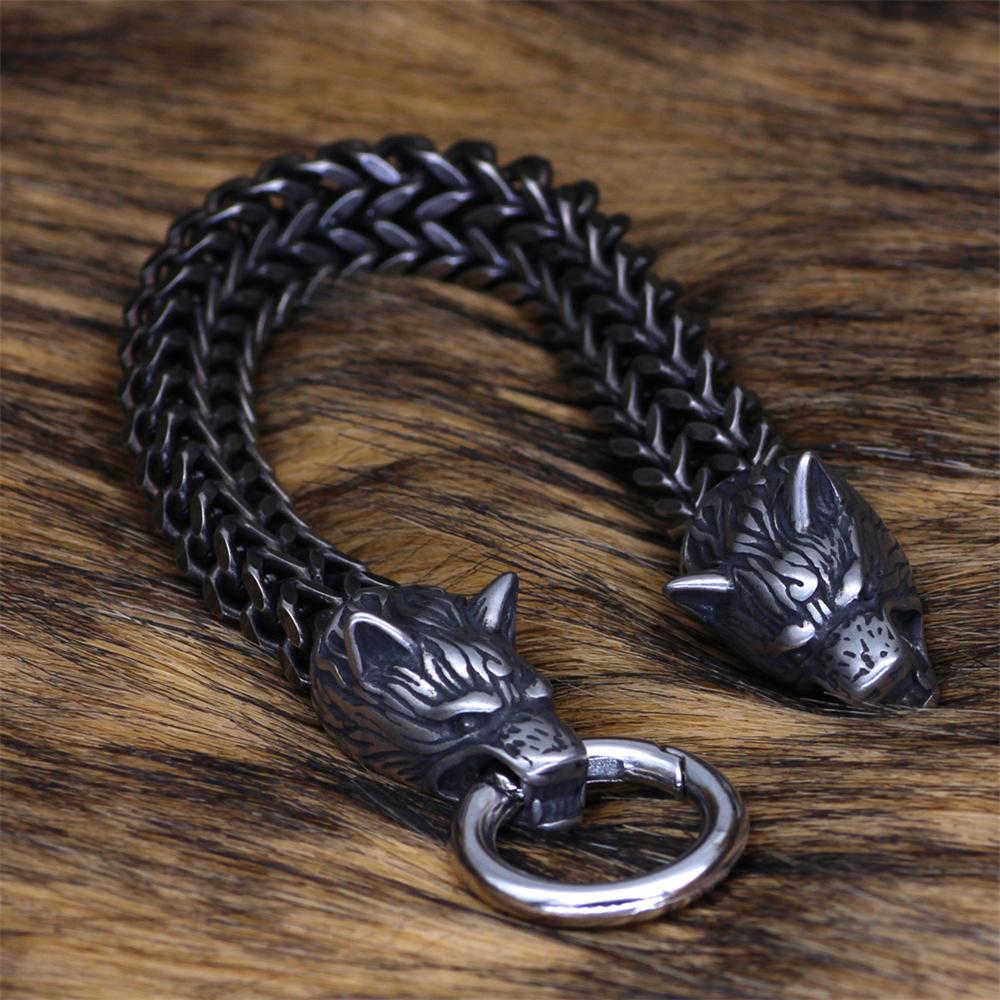 Bracciali Punk Vichinghi Norreni Testa di Lupo Catena a Rete in Acciaio Inossidabile Colore Oro Braccialetto Amuleto Nero Antico Gioielli Accessori Maschili