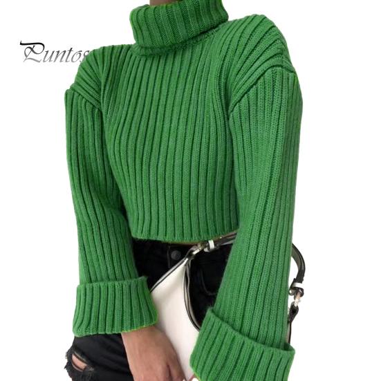 

Женский свитер с высоким воротником, расклешенный, с длинным рукавом, короткий, вязаный топ, однотонный, свободный крой, ребристый, повседневный трикотаж S зелёный