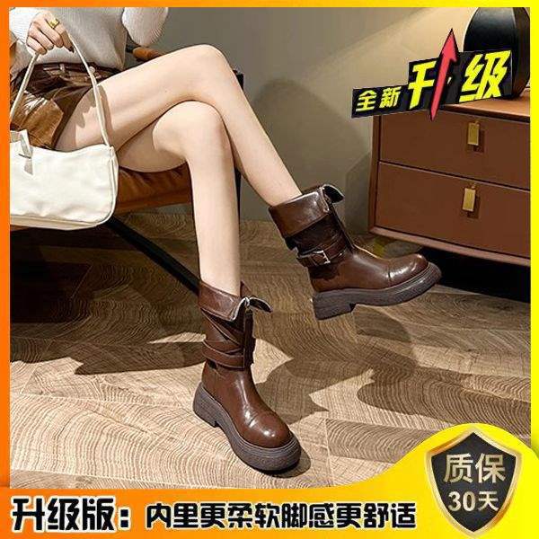 Maillard style soft leather fashion boots women's autumn and winter 2025 new belt buckle boots platform knight boots high boots