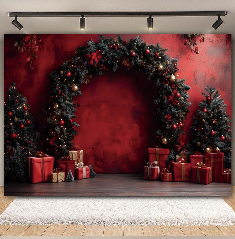 Christmas Backdrop for Photography Vintage Red Wall Arch Wreath Xmas Tree Gifts Family Baby Kid Portrait Background Photo Studio