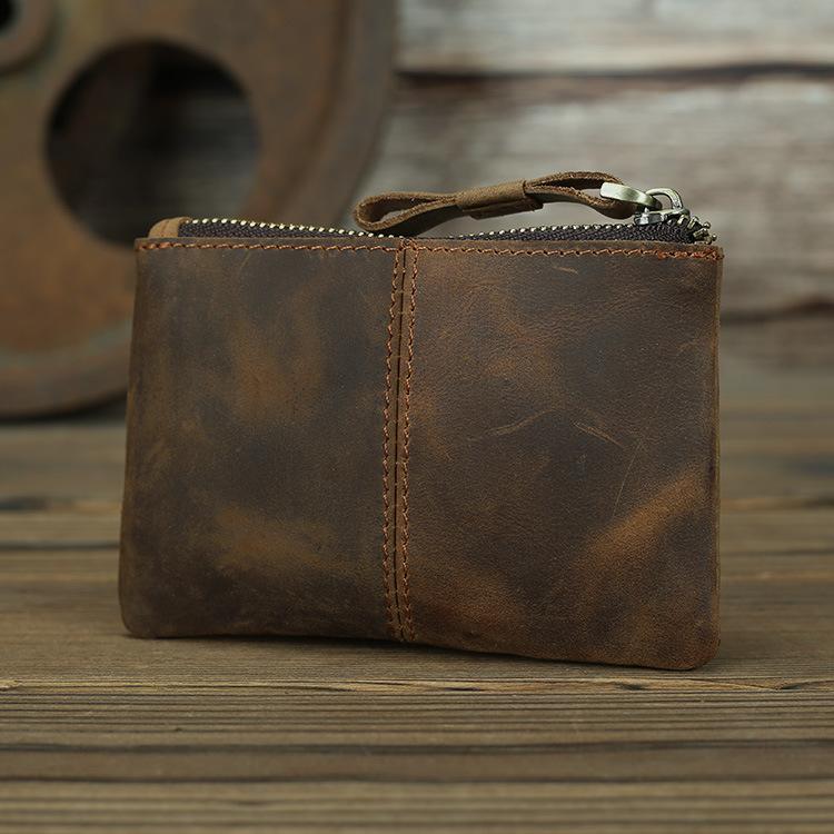 Portofel Mic Vintage din Piele Handmade Unisex Suport Carduri cu Fermoar Mini Geantă de Depozitare Compactă pentru Călătorii pentru Uz Zilnic Portofel Mic pentru Bărbați