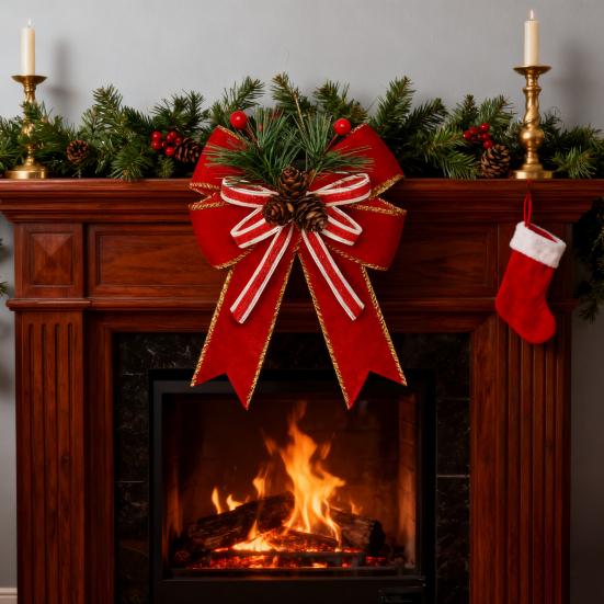 Christmas Burlap Plaid Bow with Pine Cones Pine Needles Large Buffalo Plaid Bow Xmas Wreath Checkered Bow for Holiday Crafts Home Party Tree Decor