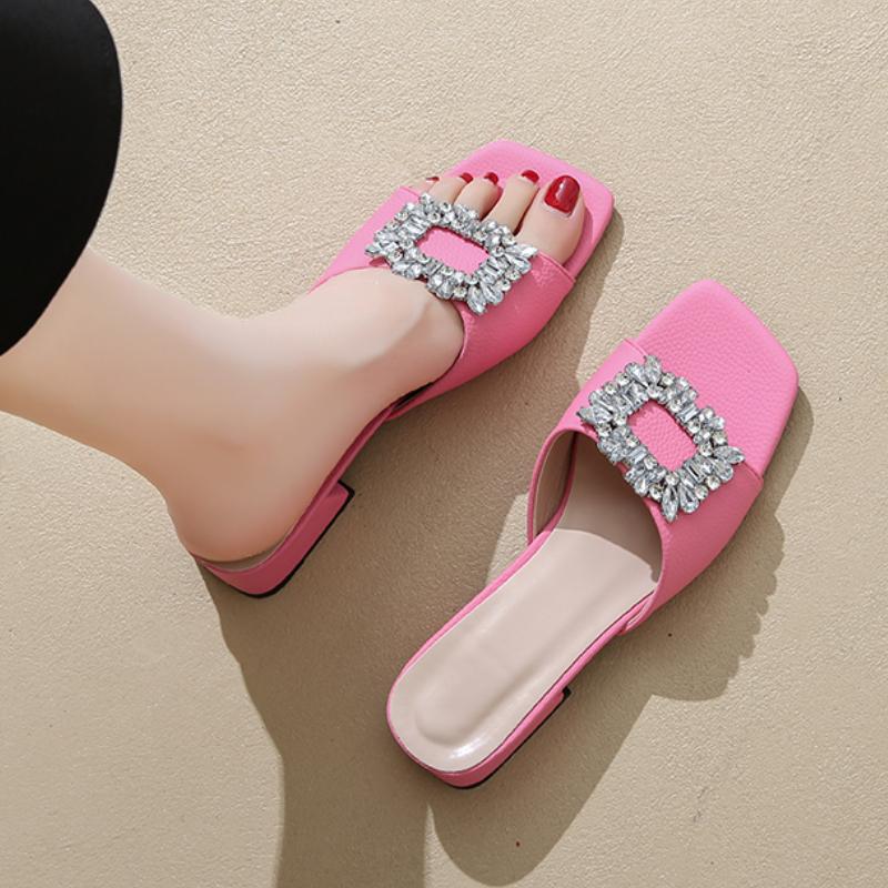 Women Sandals Summer New High Heel Square Head Open Toe Rhinestone Sandals Casual Comfort Simple Square Shoes Sandalias De Mujer