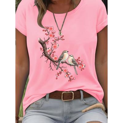 Damen Casual T-Shirt Kirschblüte und Vögel Grafik Weich Bequem Atmungsaktiv Sommer Damen T-Shirt