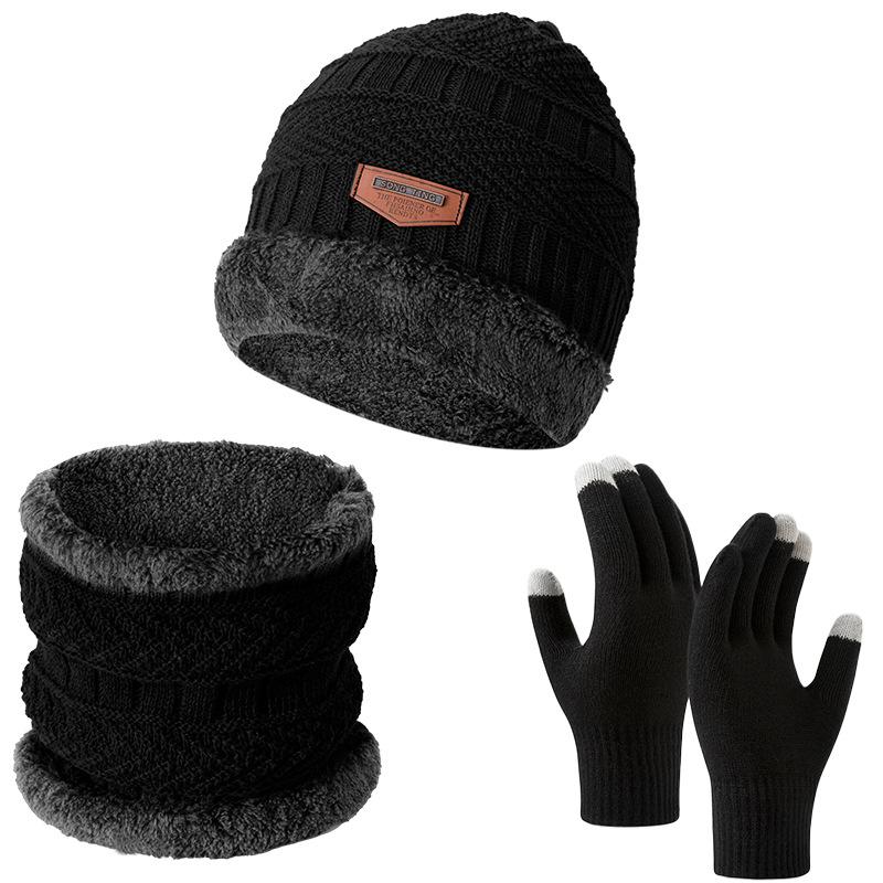 Winter Cycling Warm Set 3 Pieces Anti-Slip Touchscreen Fleece Lined Hat Scarf Gloves Unisex Black