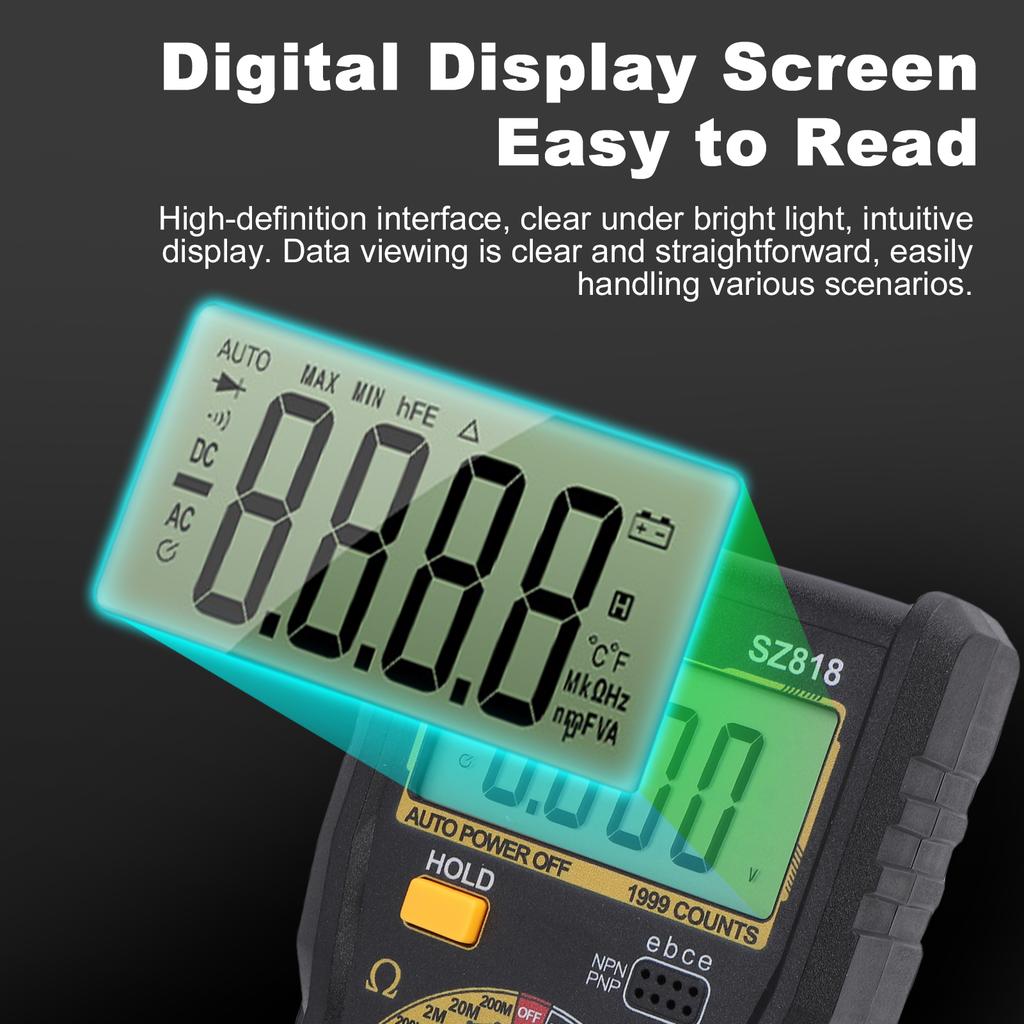 Digital Multimeter, 1999 Counts, AC DC Voltage Tester with Current, Capacitance, Diode and Continuity Test, Data Hold,
