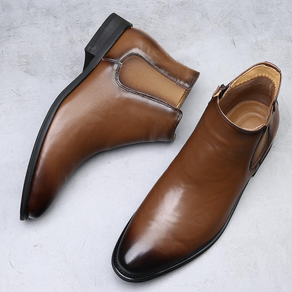 High-end retro pointed Chelsea boots men's one-pedal casual leather British leather boots mid-help Martin boots tide