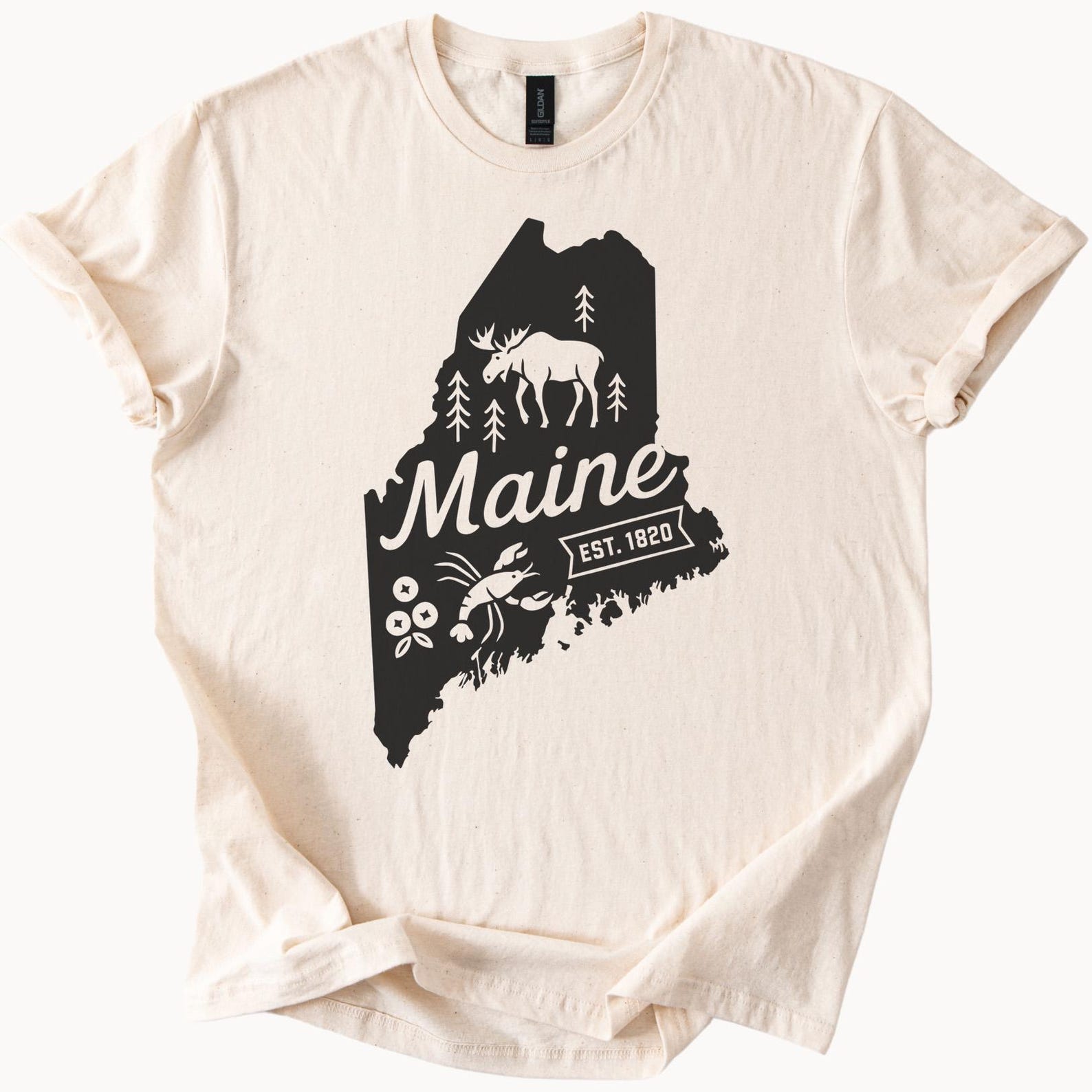 Maine State Outline Graphic T Shirt with Moose Lobster Blueberries Forest Trees and Est 1820 Unique Maine Nature Gift Shirt 120
