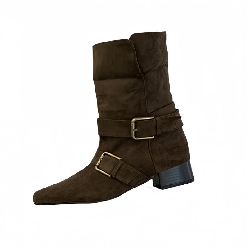 2025 Korean version of the new niche design retro French short boots small square head western boots suede medium boots women's boots