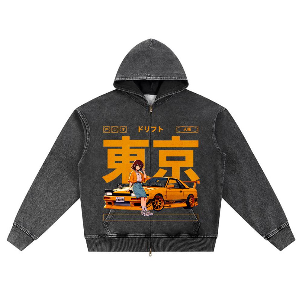 DTG Print Knitted Denim Zip-Up Hoodie Yellow & Black Drift Car Anime Style Brother Print Zipper Hoodies  