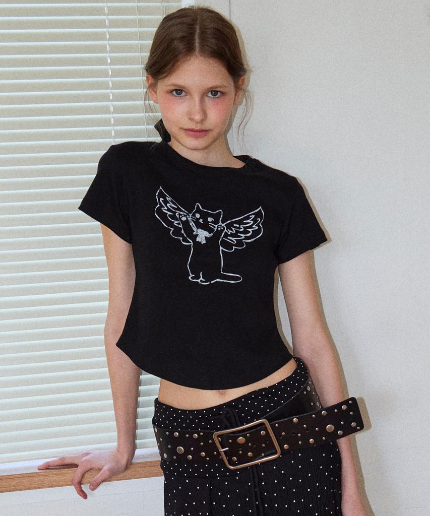 Loginaenloji Angel Cat Printed T-Shirt Black