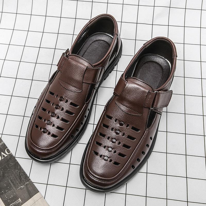 Summer sandals leather hollow hole shoes non-slip soft sole medium breathable casual cool leather shoes