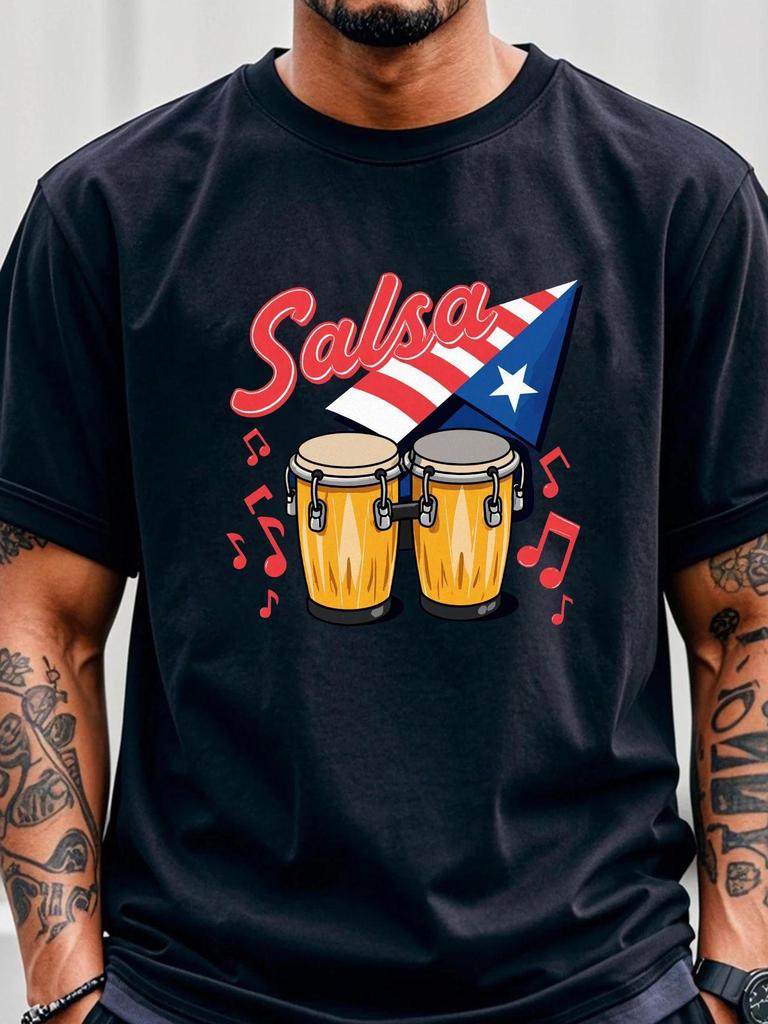 Men's White T - Shirt with Colorful Graphic Design 'Salsa' in Red Cursive, Yellow Bongo Drums with