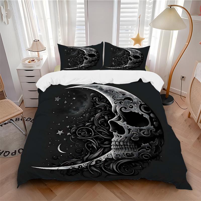 3pcs Midnight Moonlit Skull Printed Duvet Cover Set (1 * Cover+2 * Pillowcase, Without Core), Suitable for Home Bedroom, Guest Room, Dormitory De