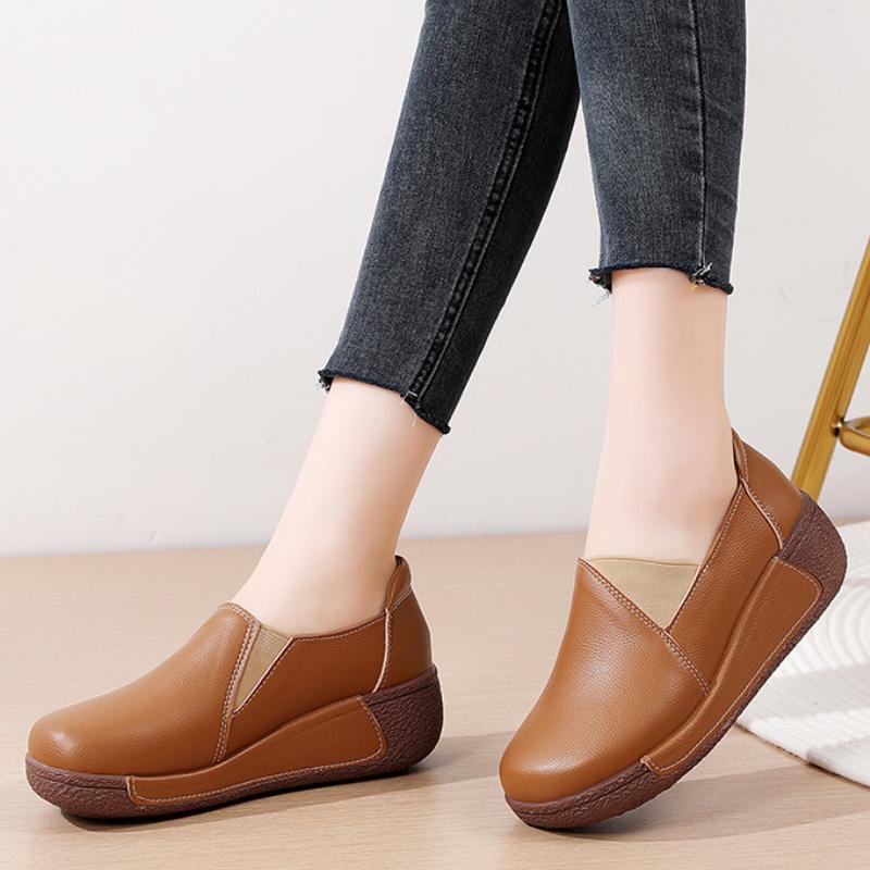 Waterproof Women's Casual Walking Shoes Wedge Heels Genuine Leather Platform Shoes Ladies Rocker Shoes