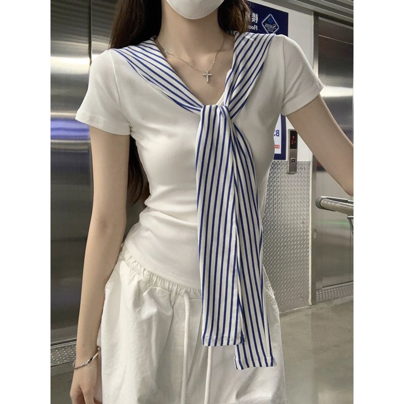 Kumikumi Design Sense White Stripe Lace-up Temperament Short sleeve T-shirt Women Summer Slim fit Slimming Versatile Top
