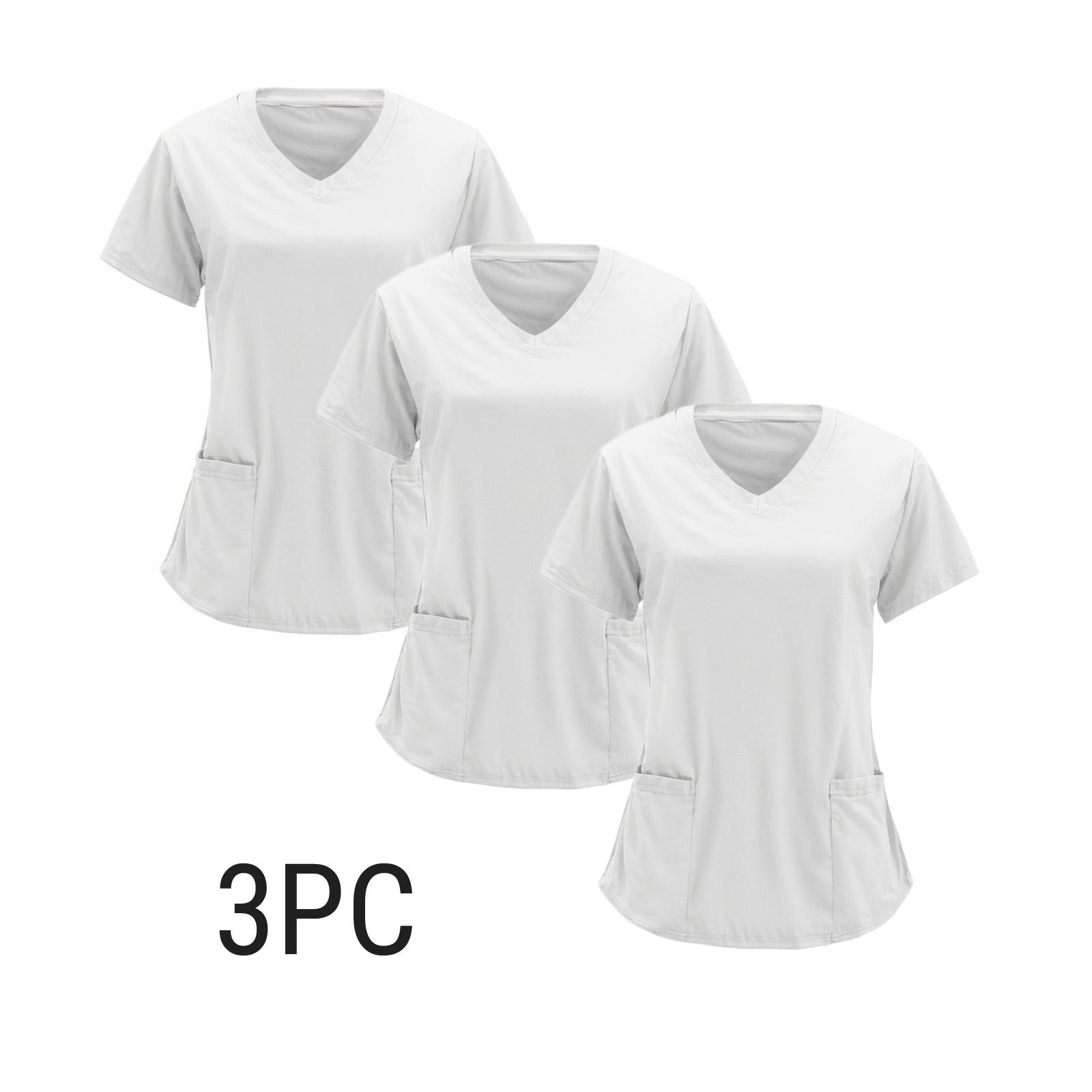 

3PC Women s Work Clothes V-neck Double Layer Pockets Basic Short Sleeve Top Pullover M белый