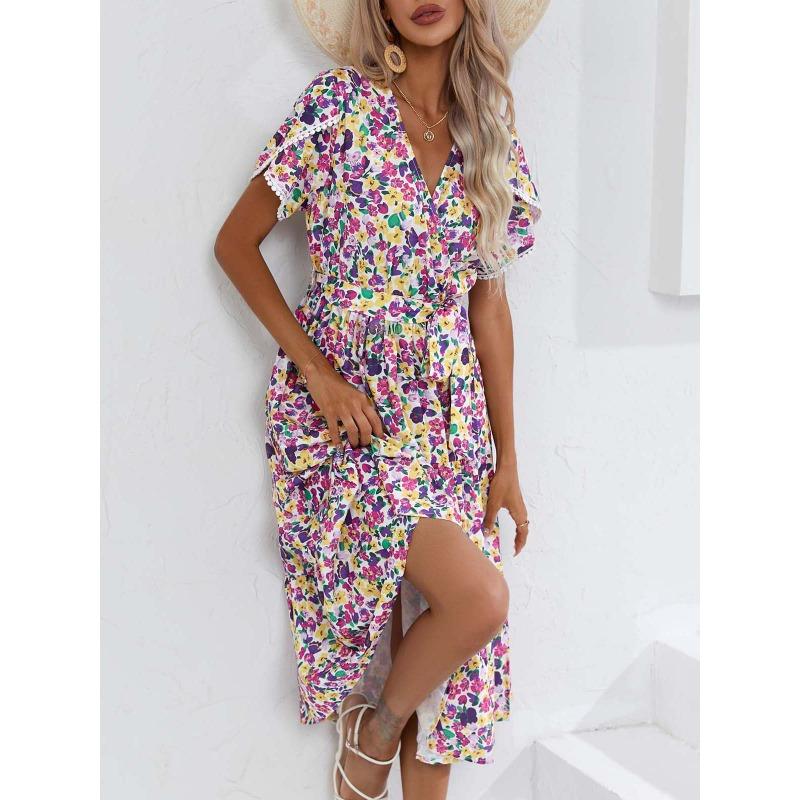 Summer Short Sleeve Floral Printed Women Dress New V Neck Fashion Elegant Loose Casual Party A-line Dresses Female Lace-up Women's Clothing